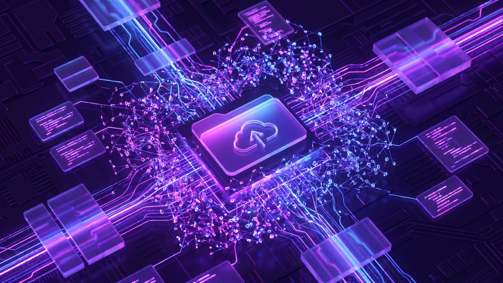Abstract visualization of dependency folders overwhelming a Mac file sync pipeline