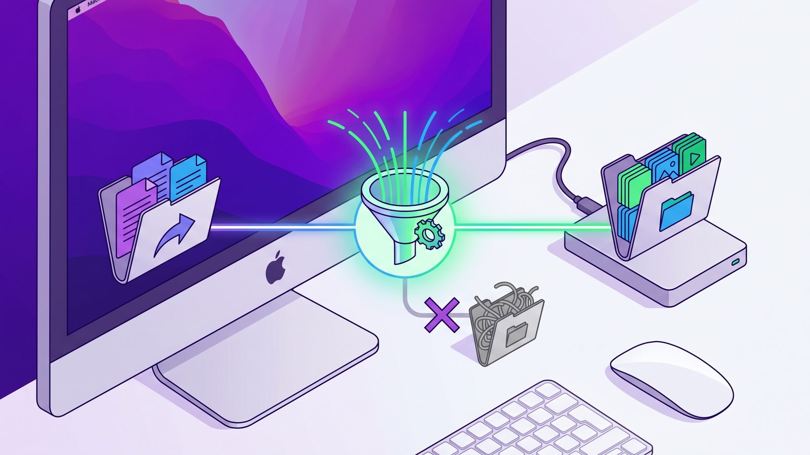 Clean filtered Mac folder sync workflow creating an organized backup without dependency folders