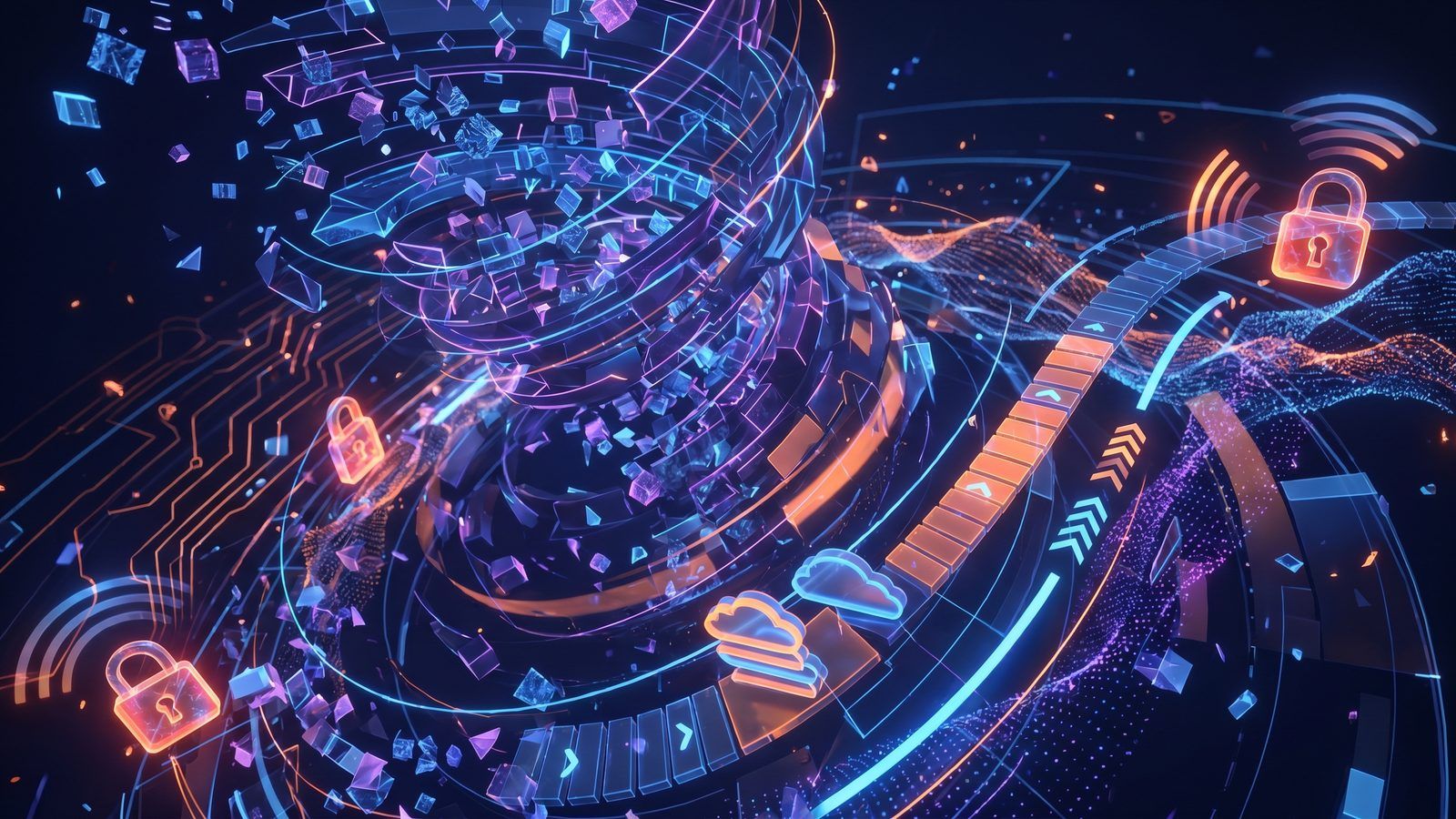 Abstract technical visualization of Git object files and cloud sync events colliding