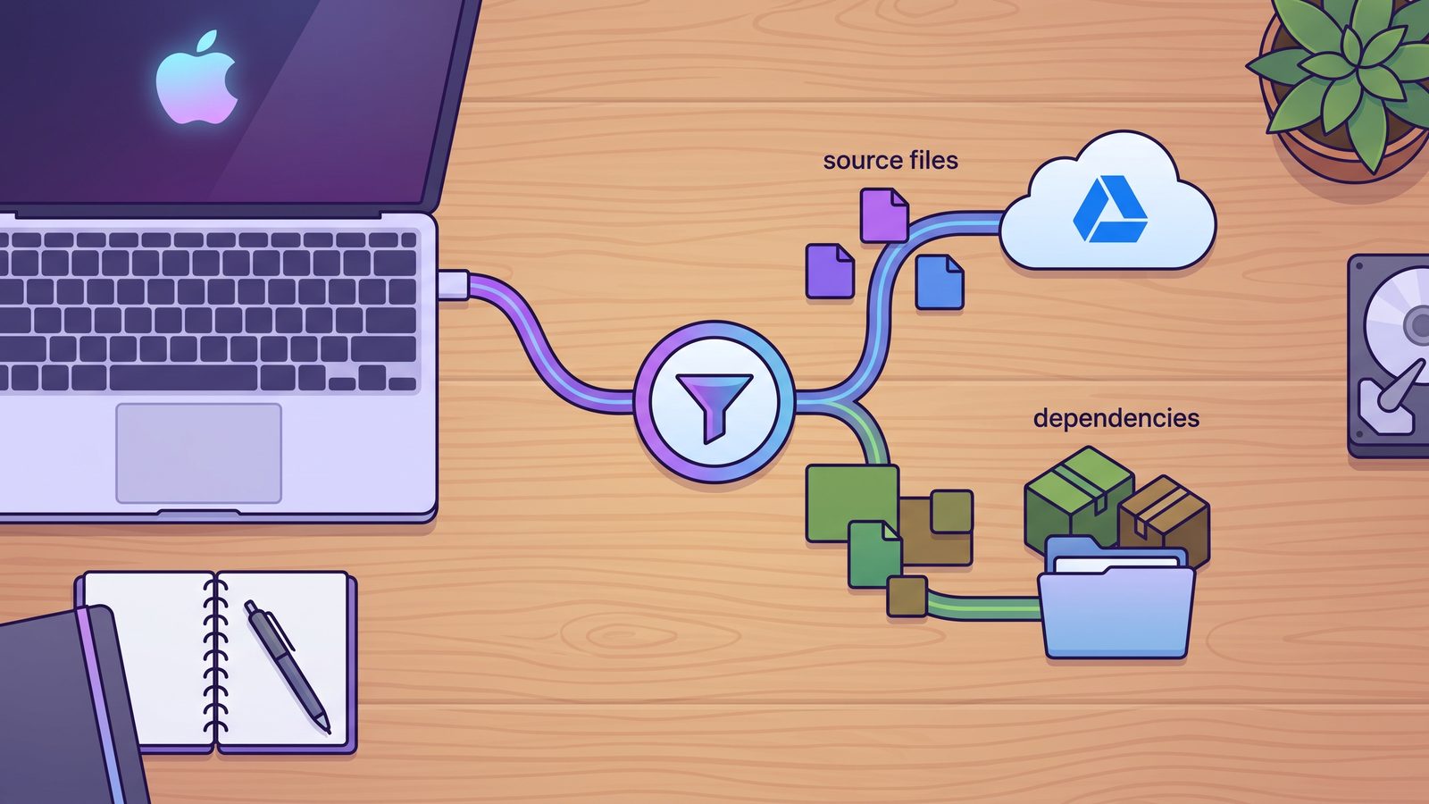 Clean developer backup workflow filtering dependency folders before syncing to Google Drive