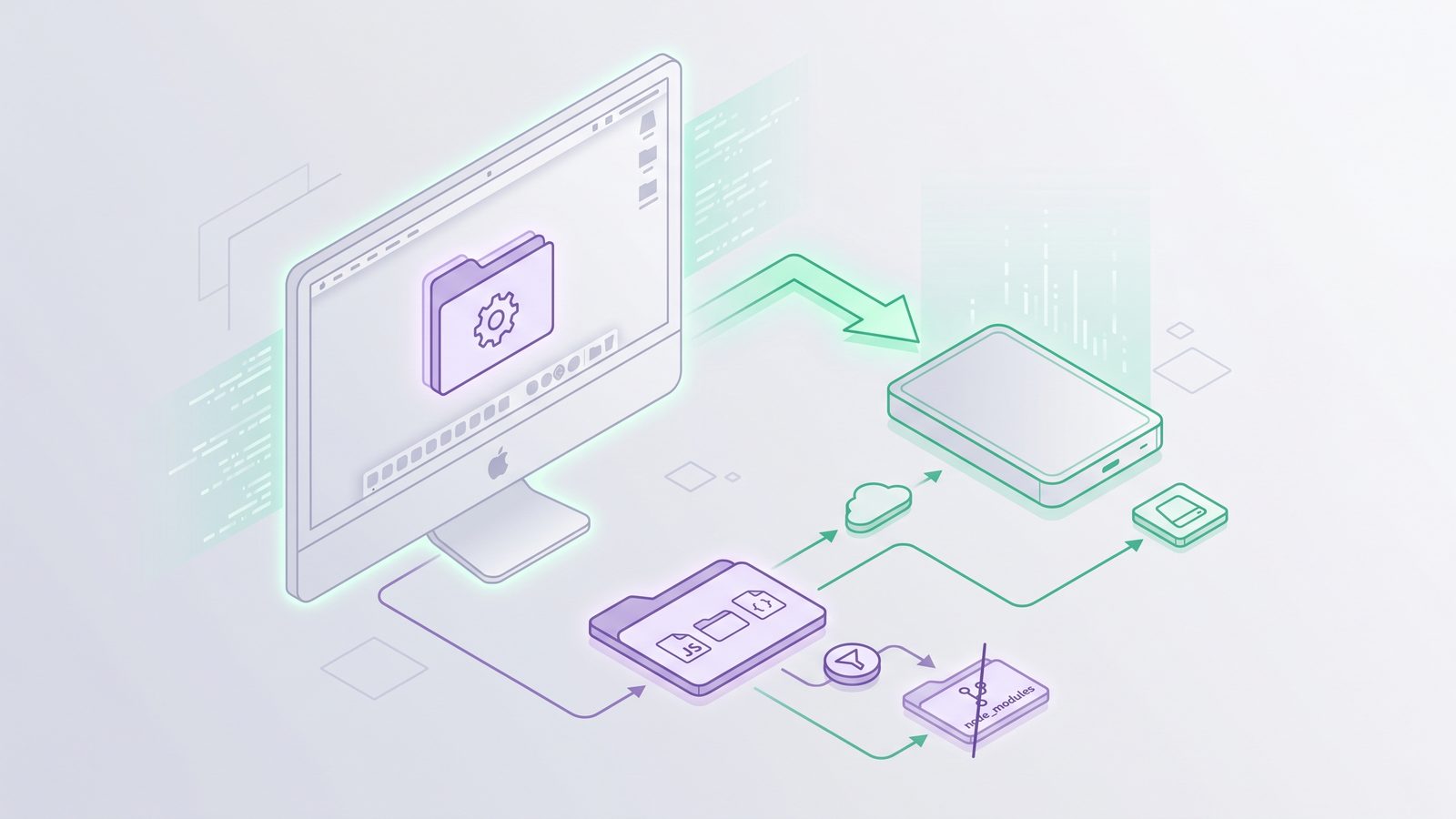 Organized Mac developer folder sync workflow with dependencies filtered out before backup