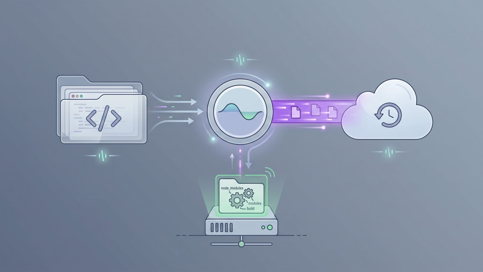 Calm filtered sync workflow where source files are backed up while dependency folders stay local