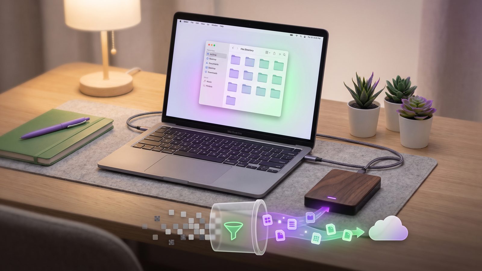 Clean developer backup workflow with source files syncing calmly while generated files are filtered out