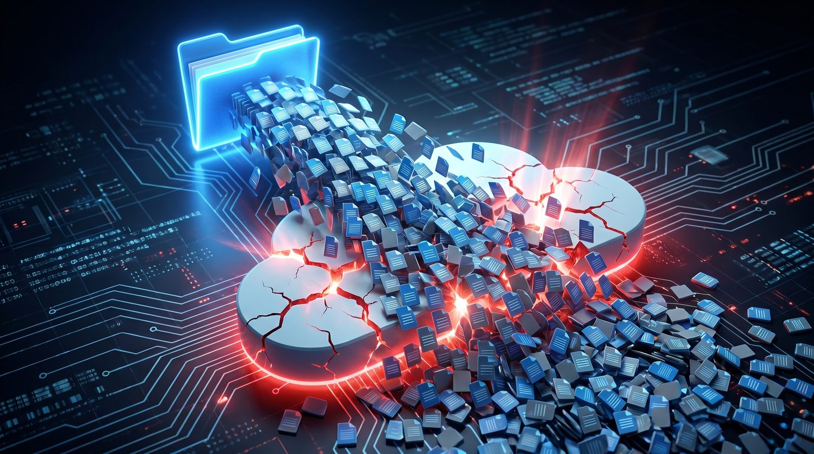 Thousands of tiny file icons flooding into and overwhelming a cloud server