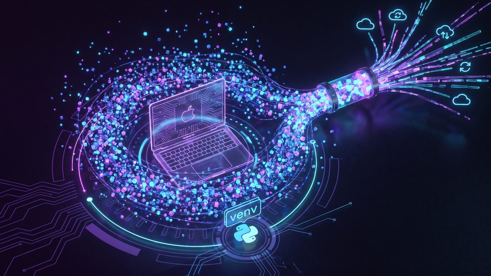 Abstract visualization of Python virtual environment files clogging a cloud sync pipeline