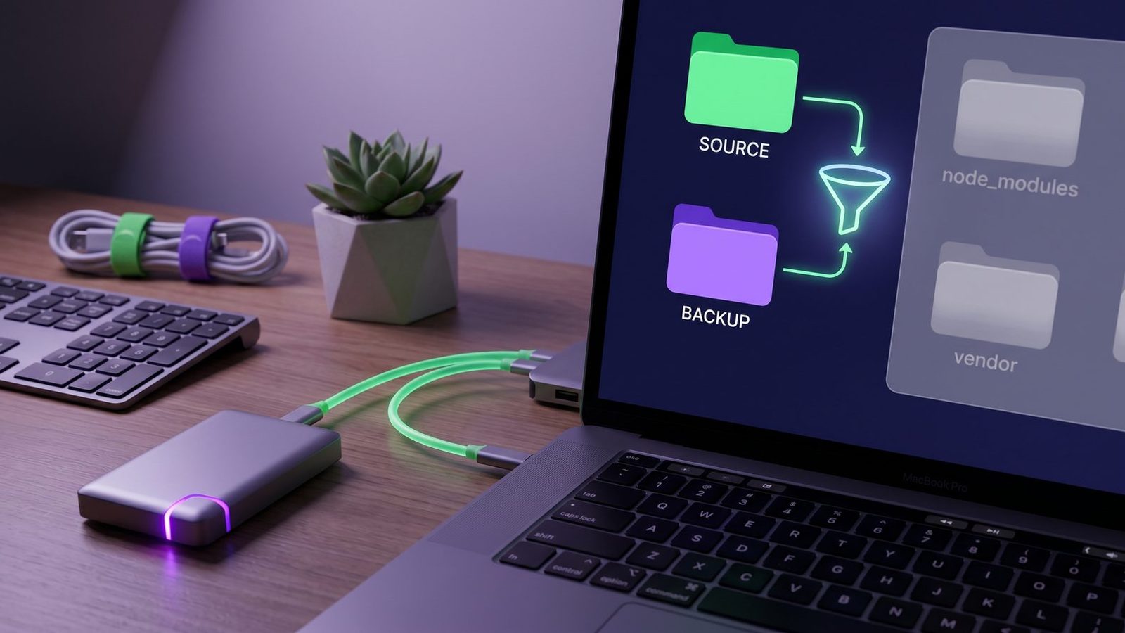 Organized Mac developer workspace syncing source folders through a clean filtered backup workflow