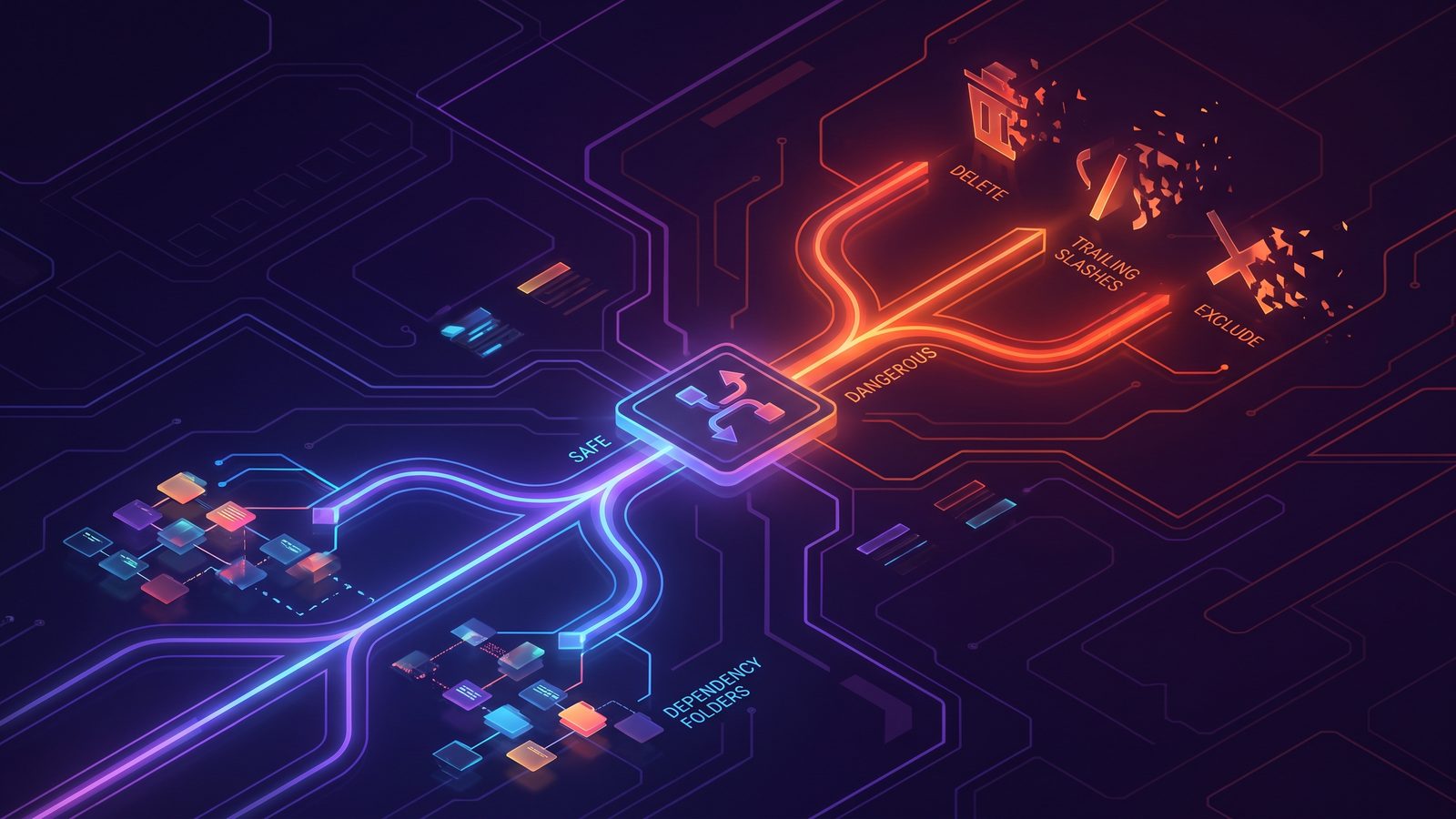 Abstract rsync preview showing safe and dangerous sync paths for a Mac developer backup