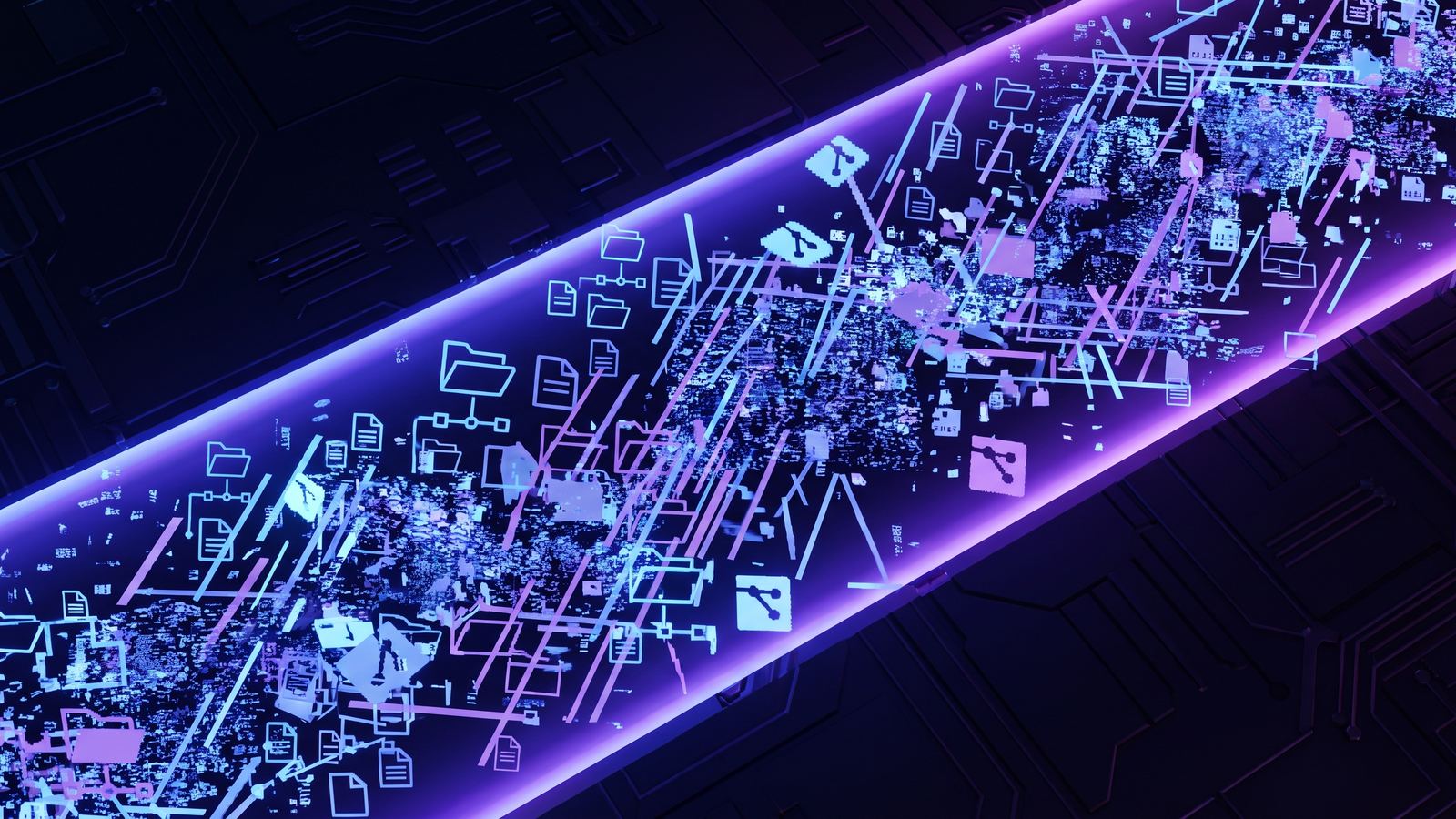 Abstract visualization of Mac and PC folder sync overwhelmed by tiny dependency files and cache noise