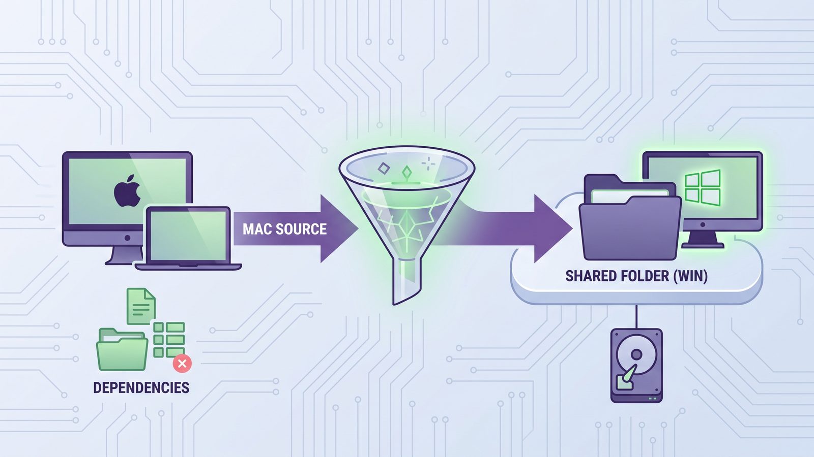 Organized Mac to PC developer folder sync workflow with source files filtered cleanly and generated files left behind