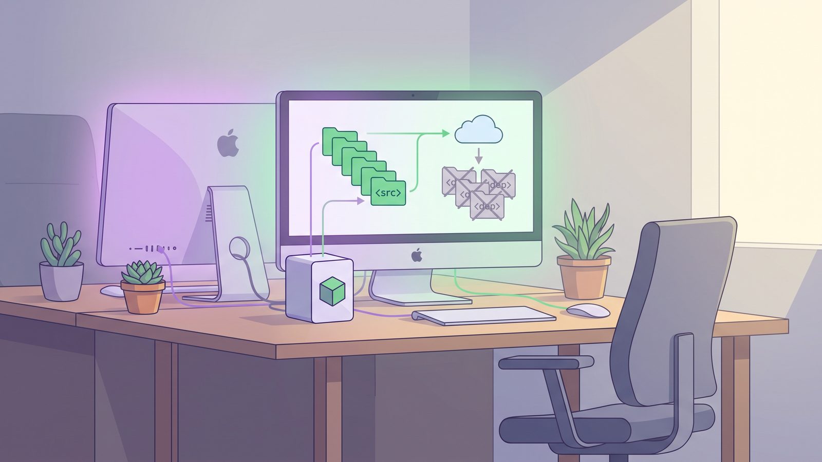 Organized two-Mac developer sync where source files move cleanly and generated folders stay local