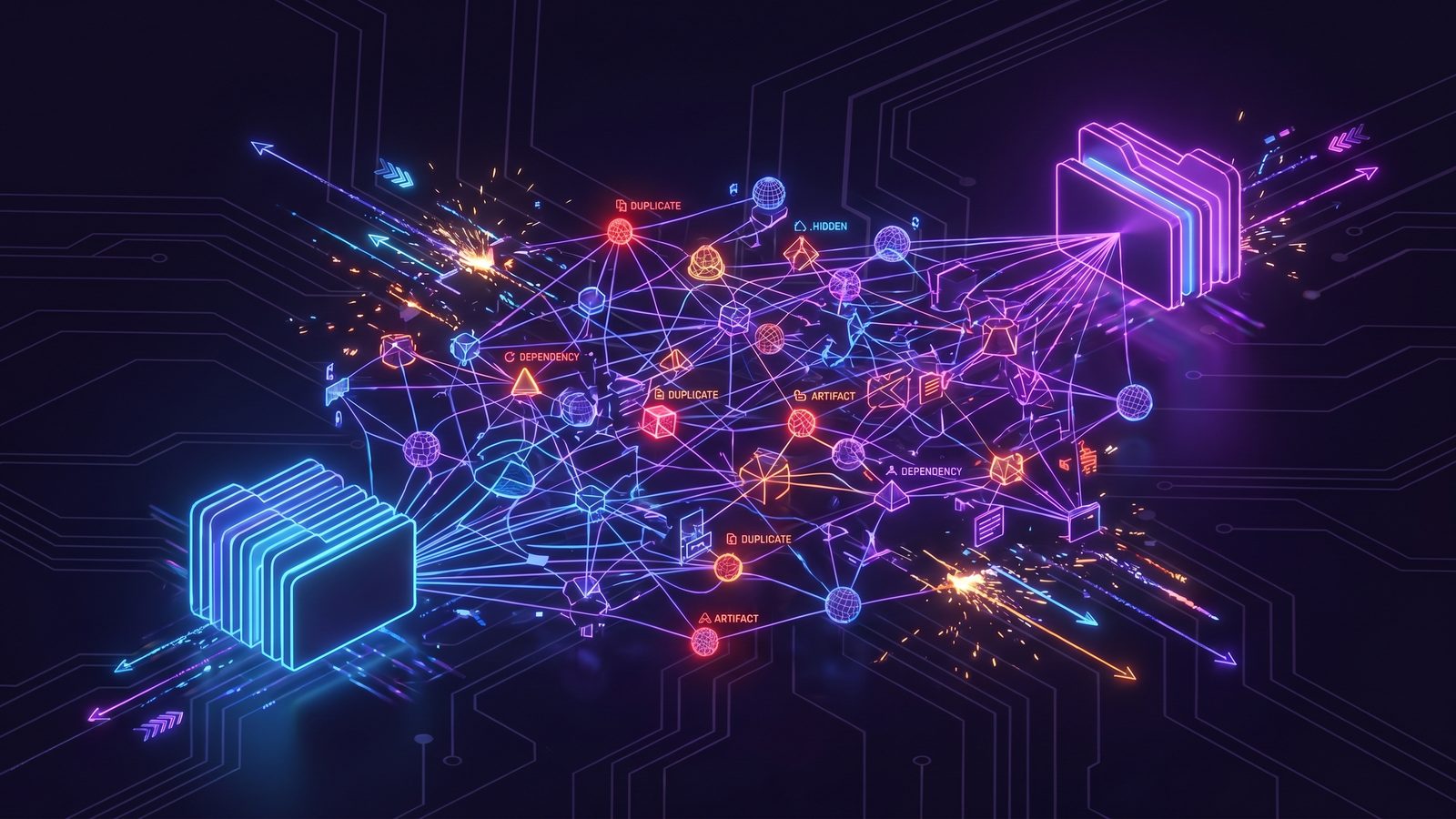 Abstract visualization of two Mac folders overwhelmed by dependency trees and cache files during sync