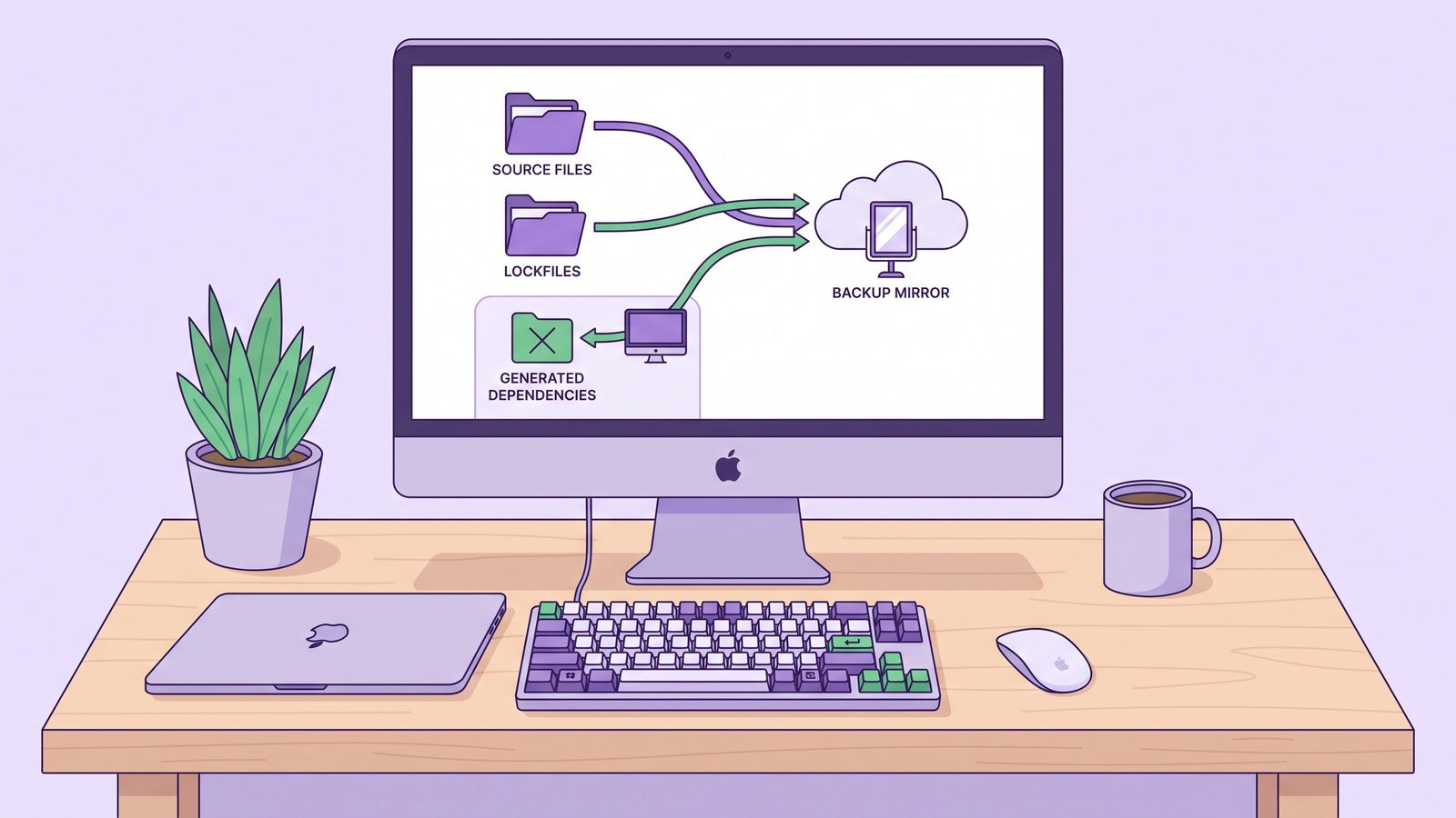 Organized developer backup workflow where source files sync cleanly while generated folders stay local