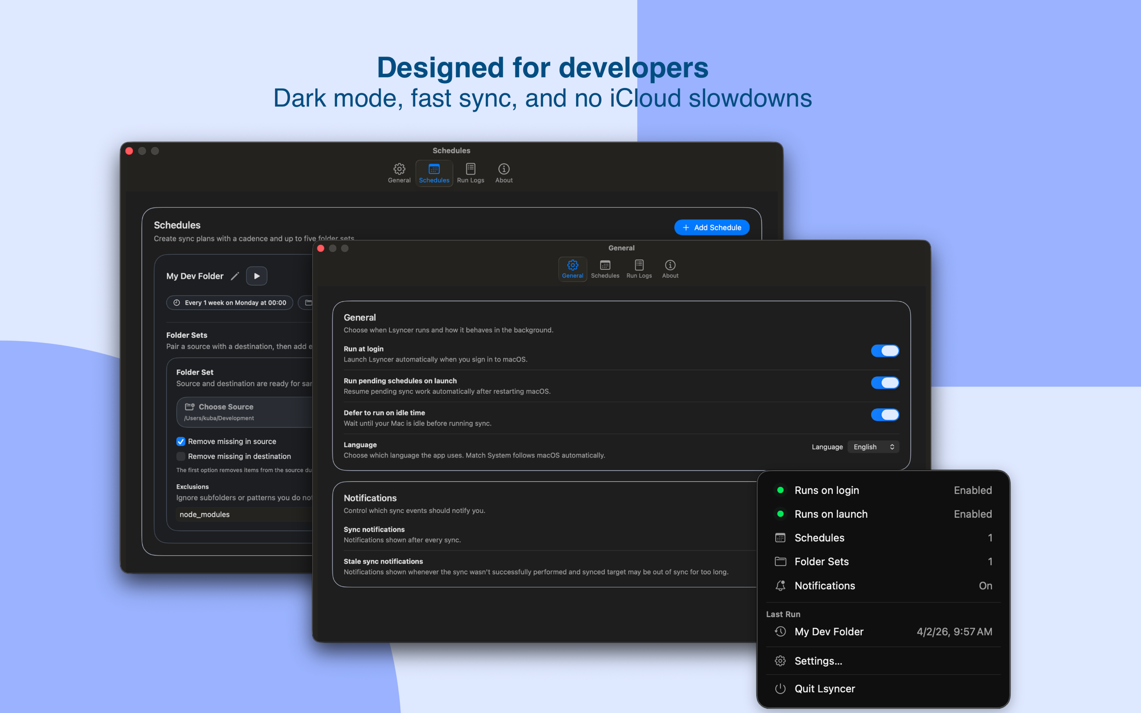 LSyncer interface showing schedules, settings, and menu bar status.
